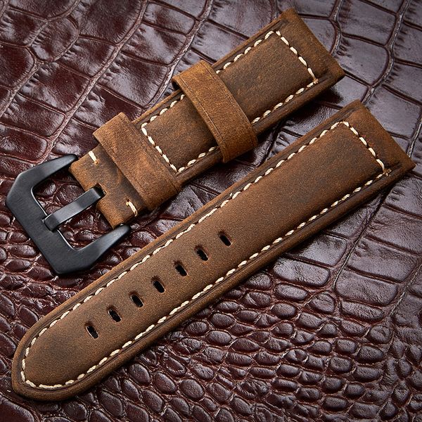 

watchbands 20 22 24 26mm genuine leather dark brown black man women handmade vintage scrub wrist watch band strap metal buckle, Black;brown