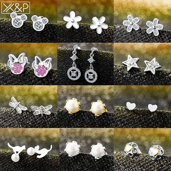 

x&p stainless steel small earrings fashion korean cute silver cubic zirconia metal stud earrings for women accessories jewelry, Golden;silver