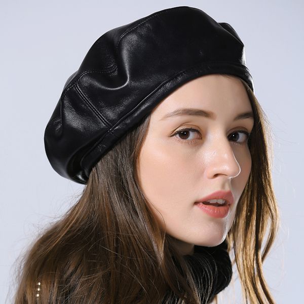 

women causal real sheep leather adjustable round shape berets hat black, Blue;gray