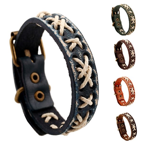 

european and american punk style men's fashion vintage handmade jewelry student simple personality woven leather bracelet, Golden;silver
