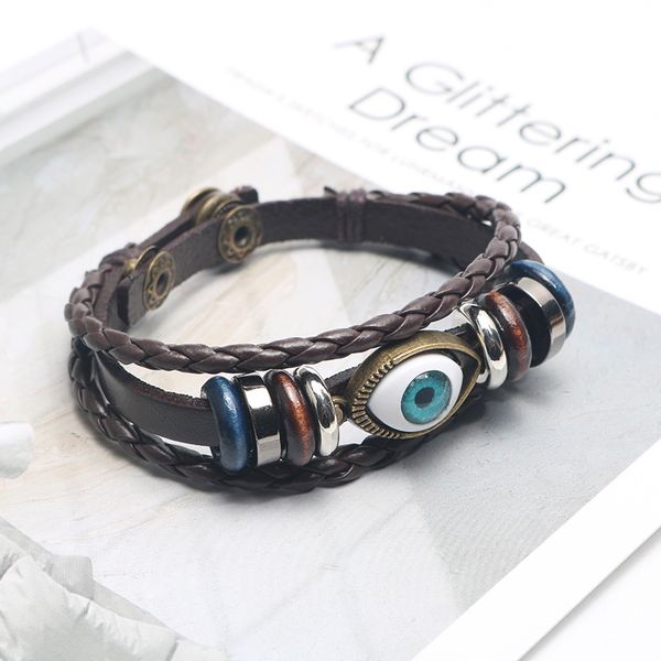 

2020 new punk design turkish evil eye bracelets wristband female pu leather bracelet ethnic vintage jewelry for women men bijout, Golden;silver