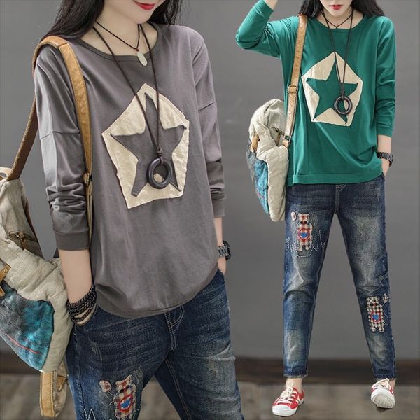 

cotton autumn round collar long-sleeved t-shirt women's large size five-pointed star fabric solid color t-shirt top, White