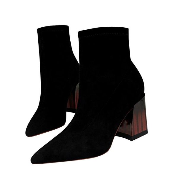 

new 2020 fashion black color flock women's boots square high heel pointed toe nightclub slim boots shoes g0162