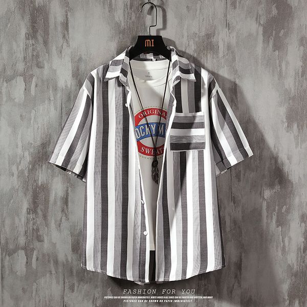 

2020 striped short sleeve lapel men's casual shirt, White;black