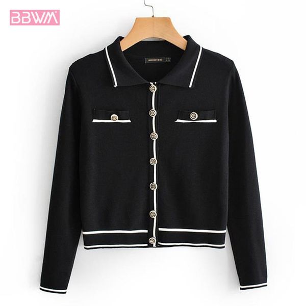 

women's 2019 new autumn small fragrance single-breasted long-sleeved slim knit lapel coat color matching fashion female jacket, Black;brown