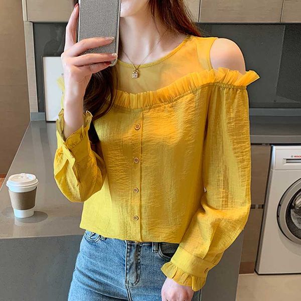 

отверстие желтый с плеча шифоновая блузка сетка пэчворк летние топы рубашка женская одежда 2020 оборками женские рубашки chemisier femme, White