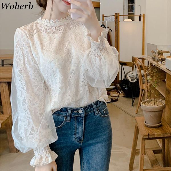 

woherb elegant temperament o neck lantern sleeve blouse mesh lace patchwork hollow out shirts women korean fashion new 91514, White