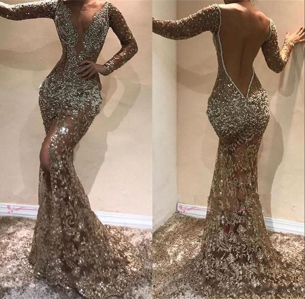 

2020 sparkly mermaid evening dresses sheer neck long sleeves sequins crystal beaded split formal evening gowns red carpet party dress, Black;red
