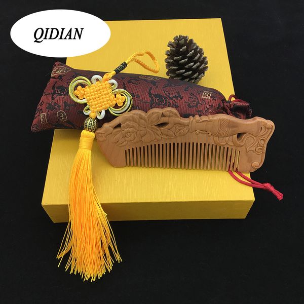 

qidian fine natural hollow peach wood carving craft exotic comb anti-static massage healthy wooden comb for women hair, Golden;white