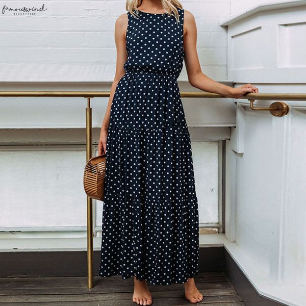 

boho summer dress 2020 women bohemian dot print o neck sleeveless evening party dress elegant long maxi a line dress vestidos, Black;gray