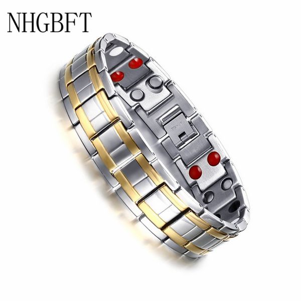 

nhgbft healthy magnet bio energy bracelet mens stainless steel care bracelet male jewelry, Golden;silver