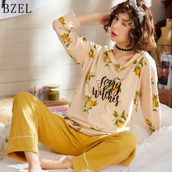 

bzel spring autumn pajamas sets v-neck sleep lounge cotton pijama mujer long sleeve pyjamas women leisure home cloth 2 piece set, Blue;gray