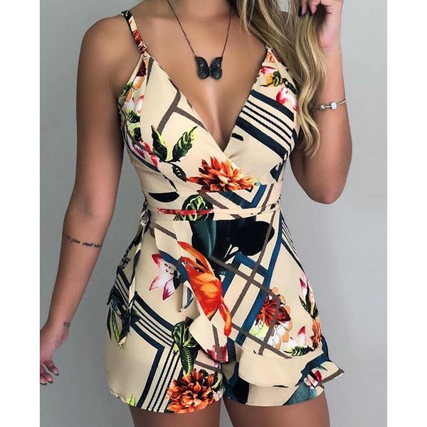 

spaghetti strap floral print romper v neck sleeveless jumpsuit shorts high waist bodysuit jumpsuit for women 2019 veralls, Black;white