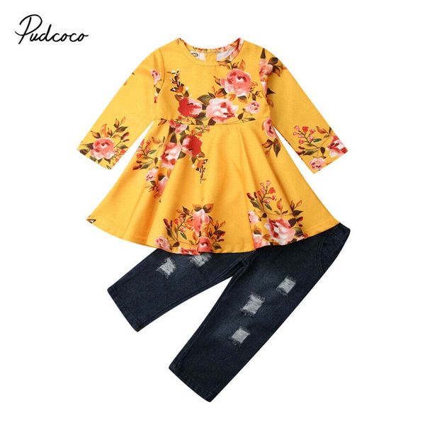 

2019 brand casual 2pcs for kids toddler baby girl floral set long sleeve dress+denim holes pants outfits autumn clothing, White