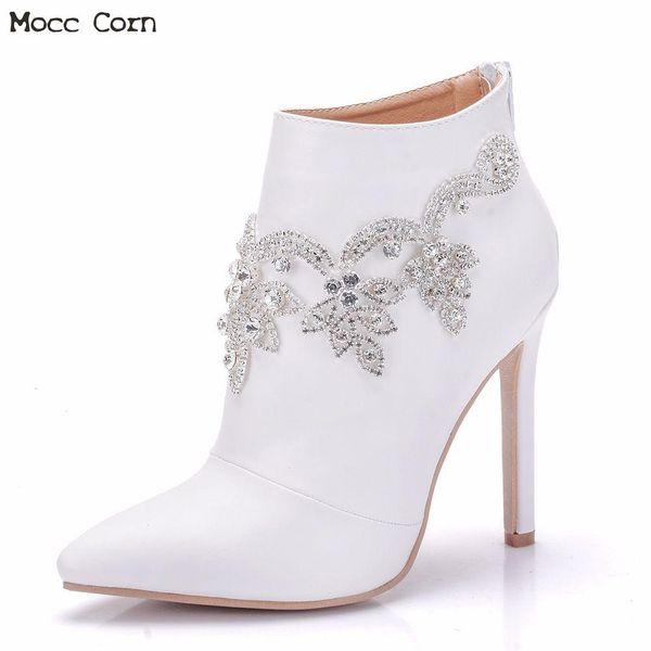 

women genuine leather crystal high heel boots rhinestone thin heel pointed toe wedding boots white pumps ankle boot shoes, Black