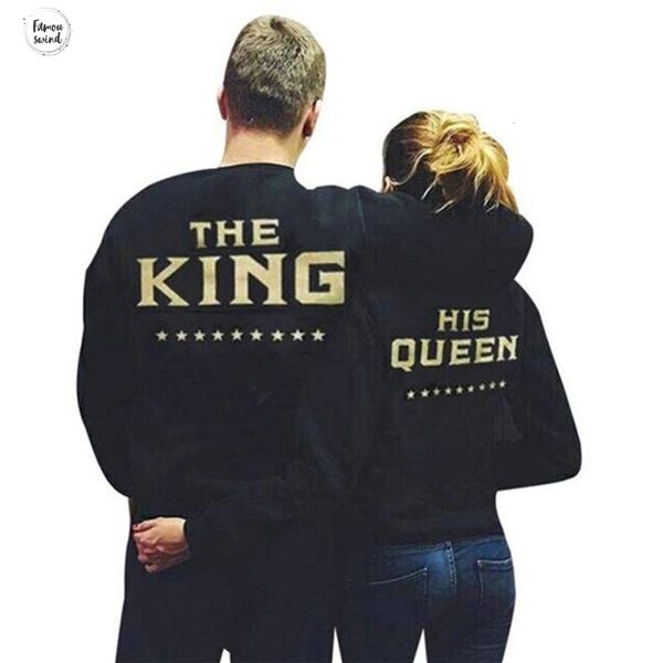 

new hoodies fashion king queen letters print men women lovers couple fleece autumn winter sweatshirts drop shipping, Black