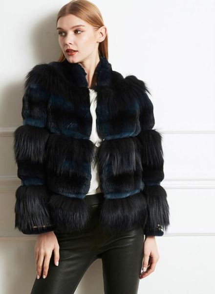 

arlenesain custom 2019 new design dark blue color and purple color chinchilla fur patchwork fur women jacket, Black