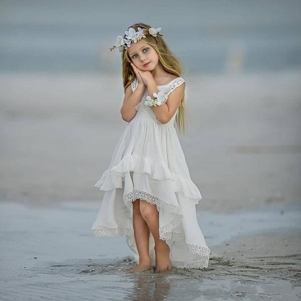 

bohemian high low flower girl dresses for beach wedding pageant gowns a line boho lace appliqued kids first holy communion dress, White;red