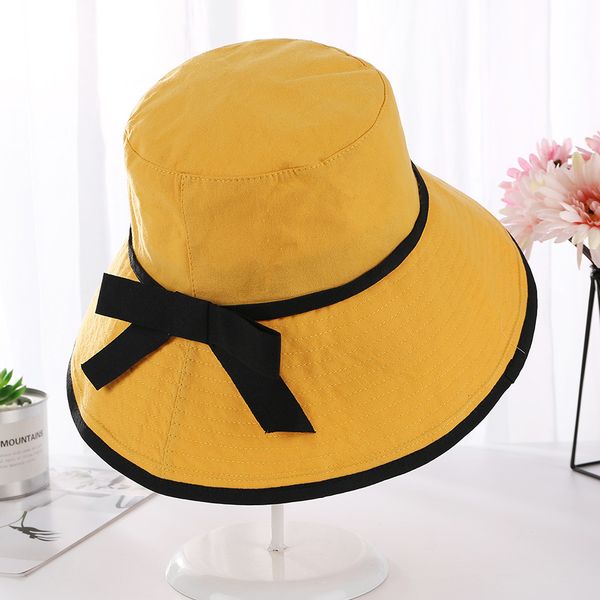 

2019 new yellow bucket hat women summer bucket cap solid color yellow hat with bow fishing fisherman, Blue;gray