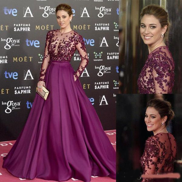 

Elegant Grape Zuhair Murad Celebrity Evening Dresses Sheer Long Sleeves Lace Beaded Long Custom Made Prom Special Occasion Gowns Cheap, Black;red