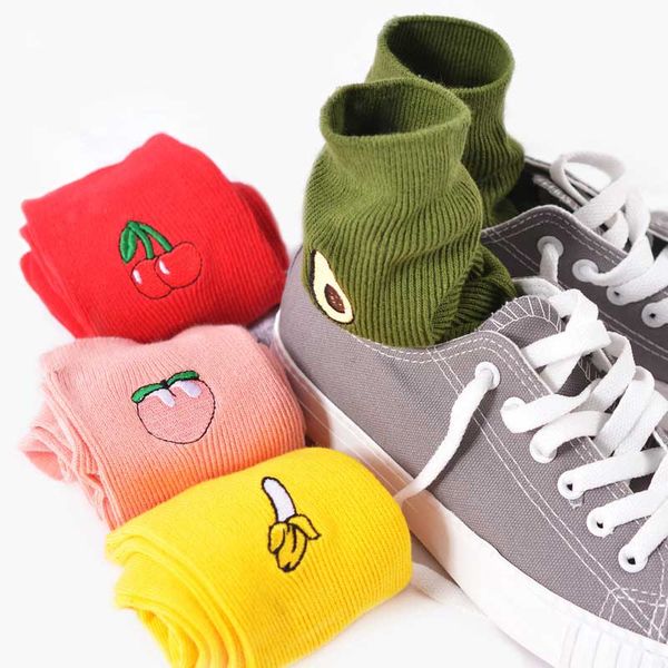 

cartoon fruits hipster girls solid cotton socks embroidery fruits patterned cherry pear avocado patterned art skateboard sox, Black;white