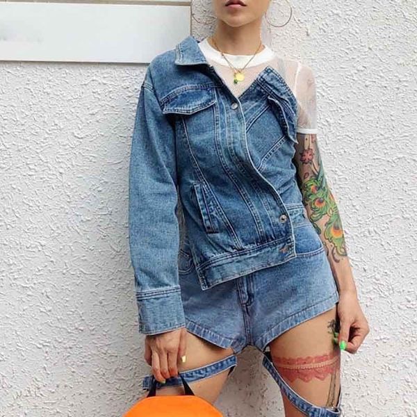

yalee] new fashion 2019 summer personality long sleeve irregular expose shoulder button asymmetrical denim coat women a054, Black;brown