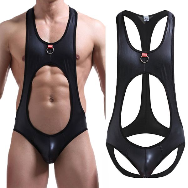 

mens bodysuit jock strap pu leather open back lingerie latex catsuit one piece gay jumpsuits wrestling singlets undershirts, Black;brown