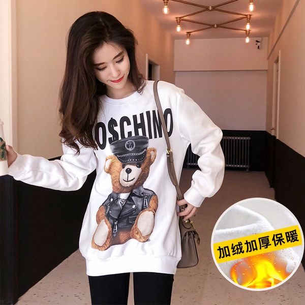 

casual coat 2019 winter fleece white pullover bear print streetwearthick loose women hoodies sweatshirt female s, Black