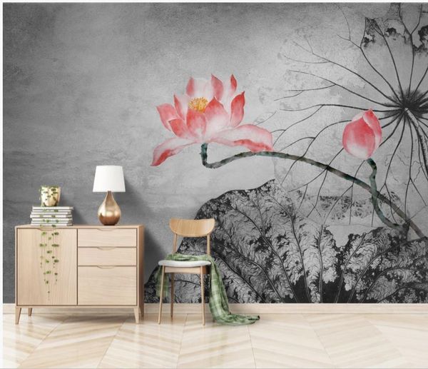 

custom p wallpaper new chinese retro lotus abstract hand painted tv background wall