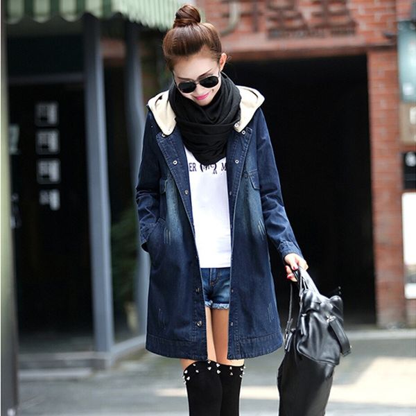 

plus size women long hooded trench coat 2019 new spring long sleeve denim coat female denim overcoat, Tan;black