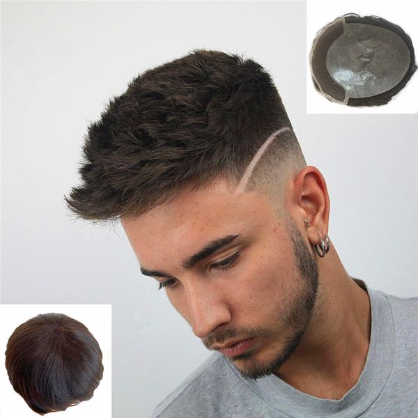 Grosshandel Omini Menschenhaar Mini Lace Men Toupee Schweizer Lace Front Pu Back Men Perucke Natural Black Straight Durable Men Toupee Free Style
