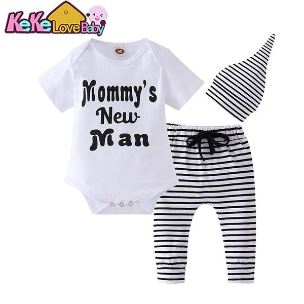 

baby boy clothes summer newborn infant set letter mommy's new man bodysuit stripe pants hat toddler outfits clothing set, White