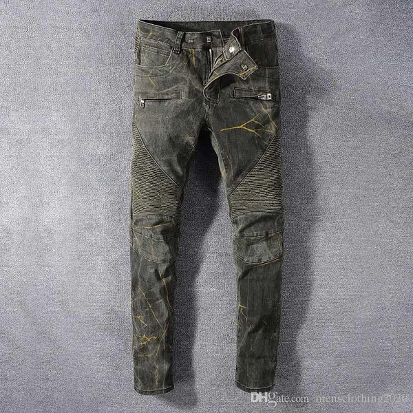 

men's designer jeans distressed ripped skinny jeans fashion designer slim motorcycle moto biker mens denim pants, Blue