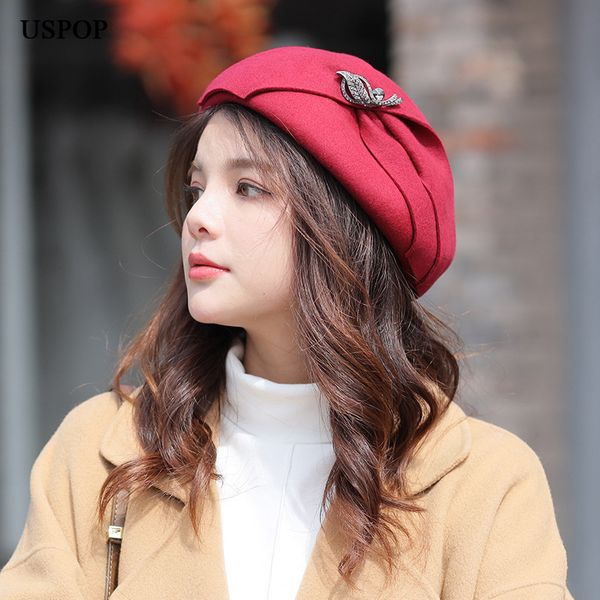 

uspop 2019 new wool berets women round wool small fedoras diamond solid color beret female autumn winter hats, Blue;gray