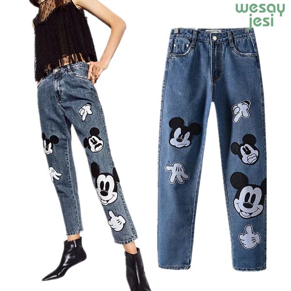 

2019 trousers mom jeans ladies women high street patchwork loose softener harem denim pants cartoon mickey women plus size, Blue