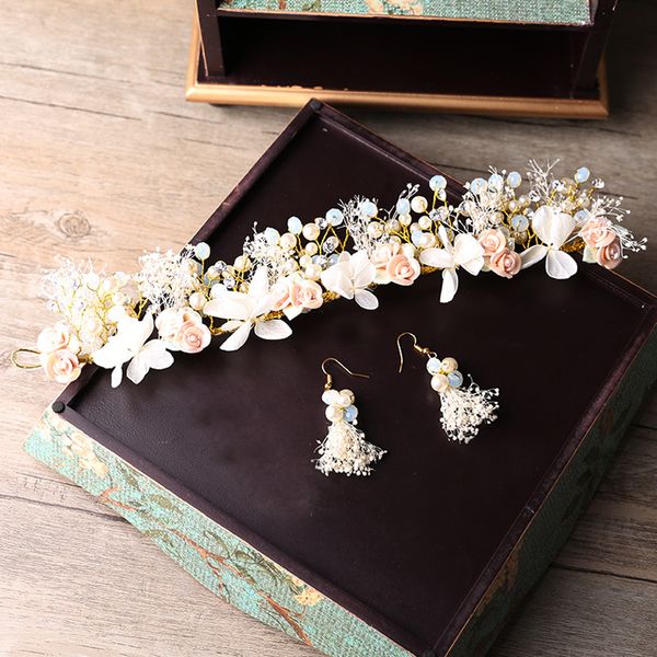 Golden Branches Ceramic Flower Headband Hairpins Suit Wedding
