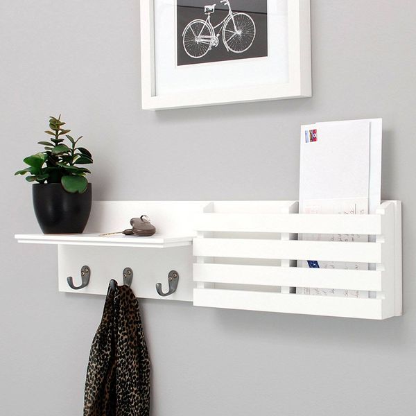 

mail holder and book coat key rack wall shelf with 3 hooks, wall-mounted display storage ledge, entry living room, 24" x 6", white