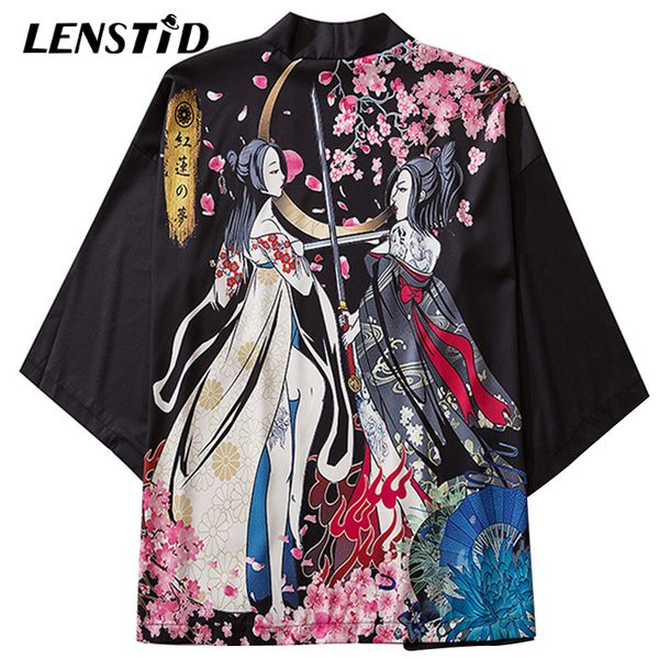 

lenstid harajuku sakura killer print japanese kimono jacket hip hop men japan streetwear loose jackets 2020 summer thin clothing, Black;brown