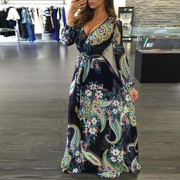 

floral big printed sashes designer spring summer dresses women deep v long dress spring long sleeved, Black;gray