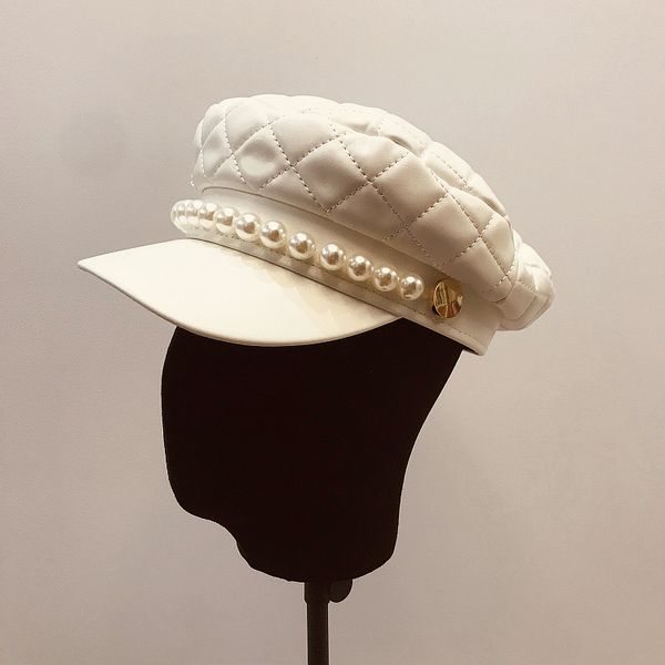 

01911-luyanxuan-pearl pu faux leather gold button fashion lattice lady service cap women visors hat, Blue;gray