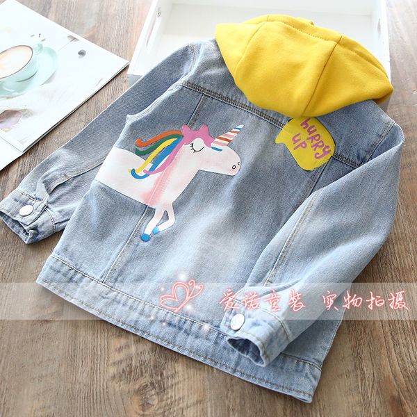 

toddler denim jacket 2020 autumn girls fashion horse print hooded jackets girl coat children outwear kids clothing 2-8y, Blue;gray