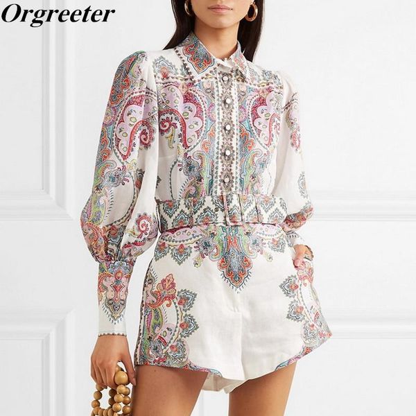 

2019 autumn new exquisite baroque pattern print long lantern sleeve single-breasted shirt blouse and shorts 2 piece set women t200325, White