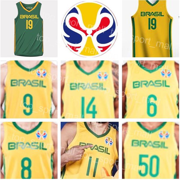 

2019 world cup team brazil basketball jersey brasil 9 marcelinho huertas 14 marquinhos sousa cristiano felicio vitor benite anderson varejao, Black;red