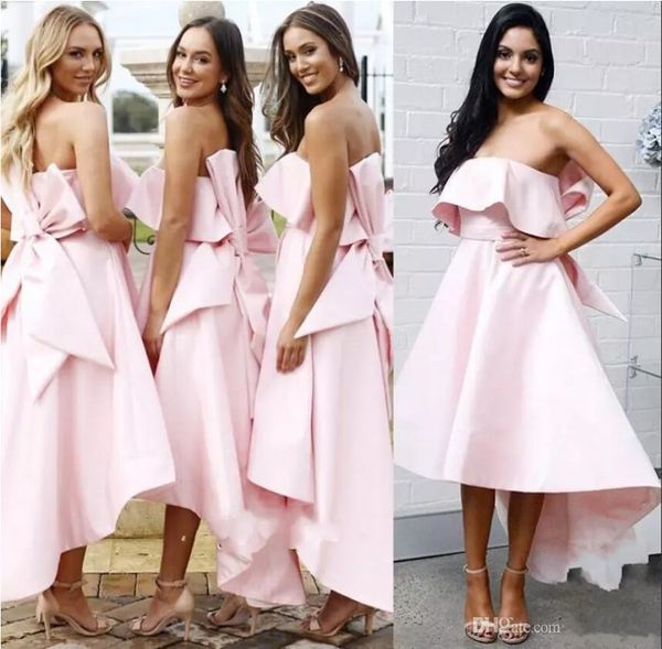 

fashion pink bow backless bridesmaid dresses 2019 strapless tea-length ruffles maid of honor custom made wedding guest dress, White;pink