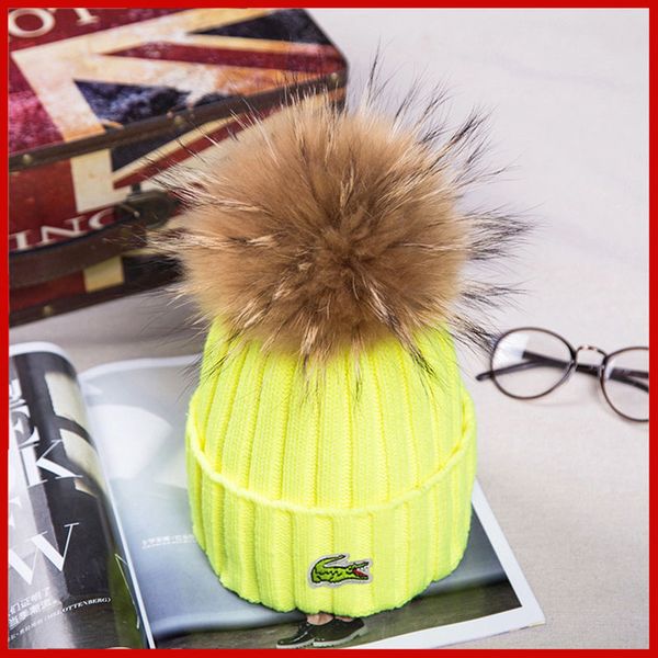 

new winter knitted real fur hat women thicken beanies with real raccoon fur pompoms warm caps snapback pompon beanie hats, Blue;gray
