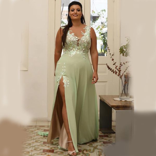 

2020 light green plus size appliqued prom dresses sheer v neck evening gown a line split side chiffon floor length formal dress, Black