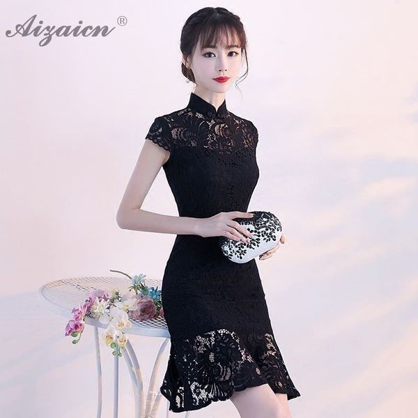 

2019 fashion black lace cheongsam china long mermaid dresses qi pao women chinese dress qipao chinoise evening gown, Red