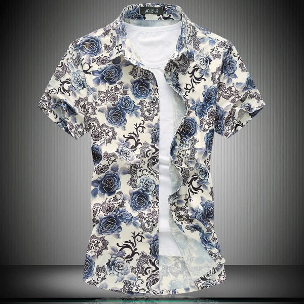 

summer 7xl 150kg large size flower shirt stretch mercerized cotton shirt short sleeve, White;black