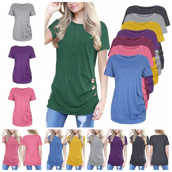 

2021 european spring and summer solid color turtleneck round neck short sleeve casual button loose comfort t-shirt, support mixed batch, White