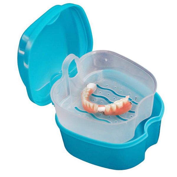 

3 colors denture bath box case dental false teeth storage box with hanging net container plastic artificial tooth organizer